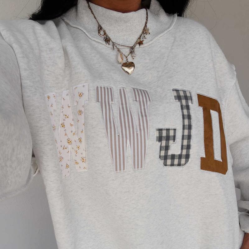 Women's WWJD Embroidered Graphic Floral Colorful Mock Neck Ribbed Sweatshirt - Comfortable Loose-Fit Cotton-Polyester Blend, Casual Medium-Length Long-Sleeve Plaid Style Pullover Top, Machine-Washable