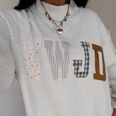 Women's WWJD Embroidered Graphic Floral Colorful Mock Neck Ribbed Sweatshirt - Comfortable Loose-Fit Cotton-Polyester Blend, Casual Medium-Length Long-Sleeve Plaid Style Pullover Top, Machine-Washable