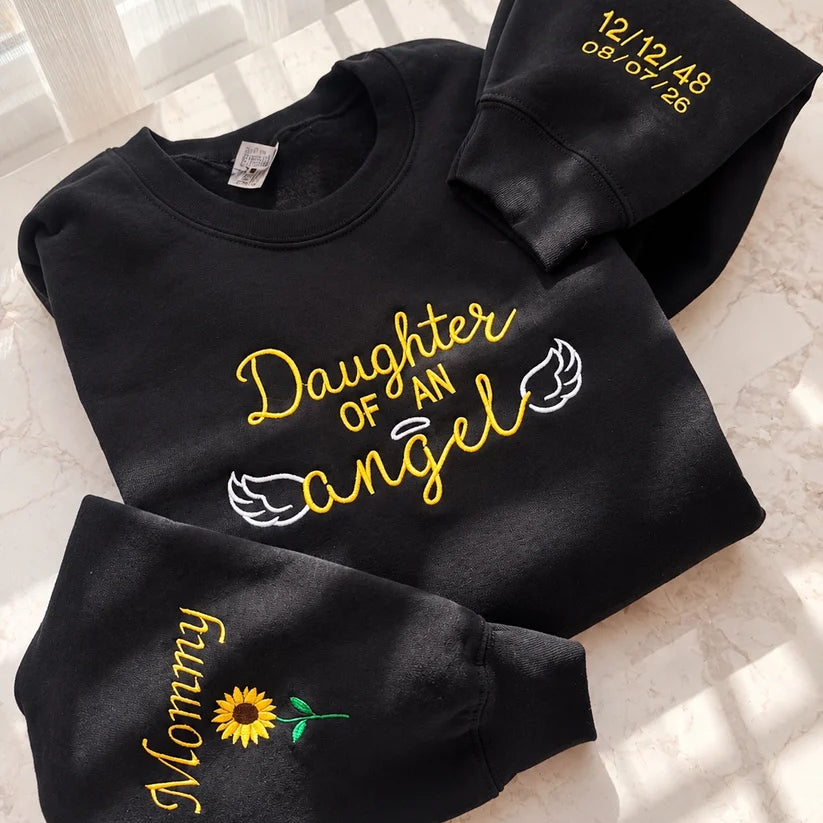 Custom Memorial Embroidered Sweatshirt, Personalized [Relationship] of an Angel Crewneck, Name & Dates on Sleeves, In Loving Memory Gift