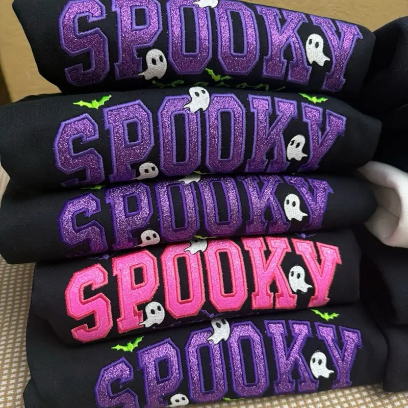 Spooky Season Glitter Viny Embroidered Sweatshirt/Tshirt/Hoodie – Cute Halloween Ghost Crewneck