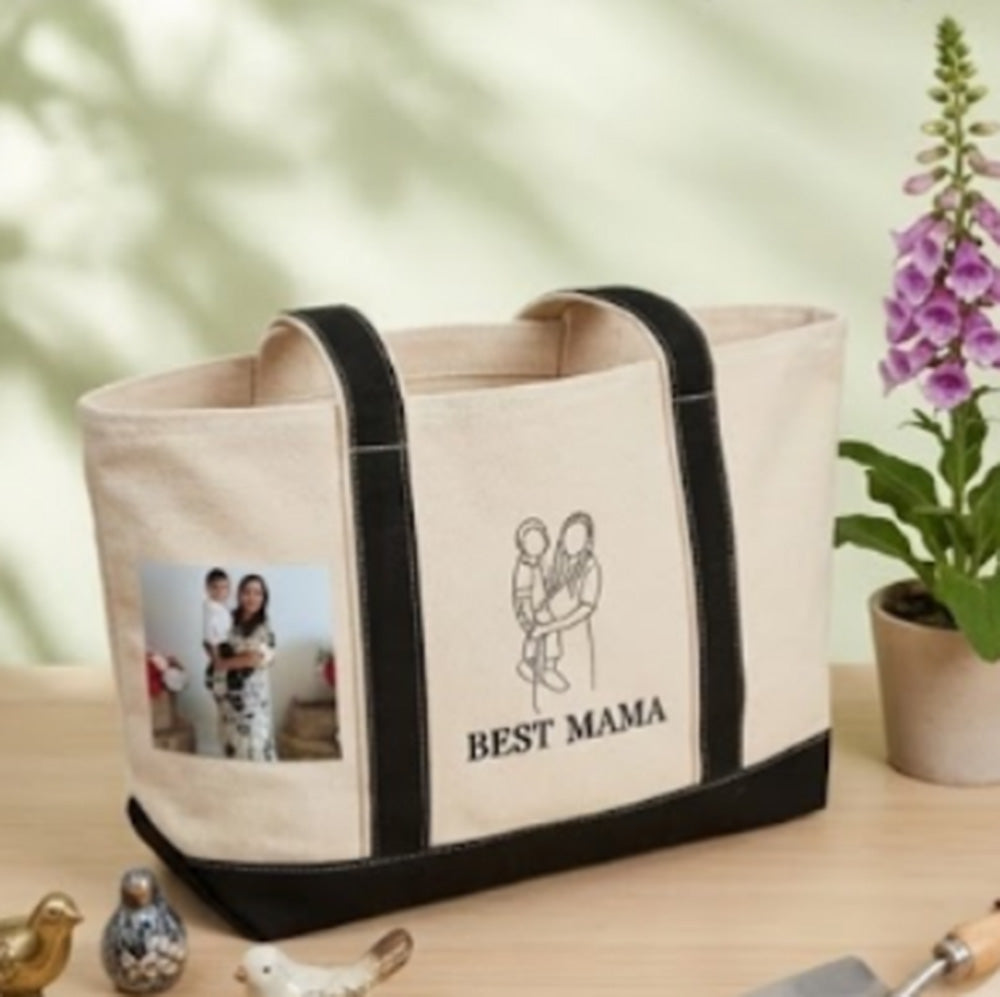 Personalized Mom Tote Bag with Embroidered Portrait fom Photo, Unique Mother's Day Gifts