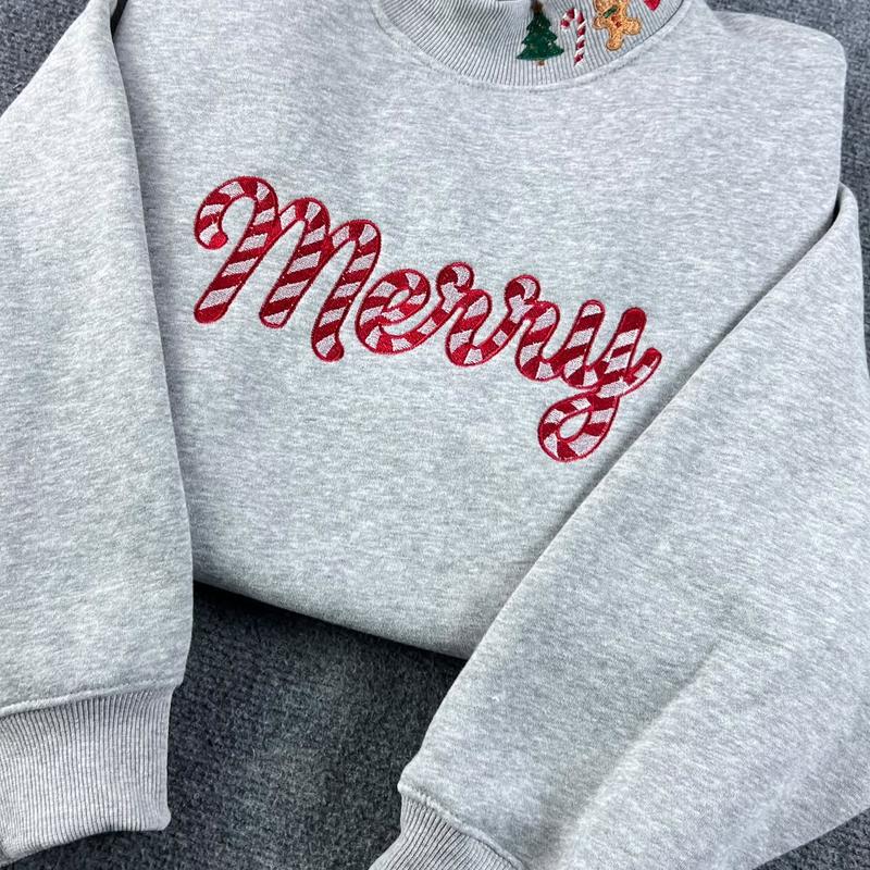 Embroidered Merry christmas  Mockneck Sweatshirt, Christmas Candy Cane Crewneck, Cozy Holiday Sweater, gift for her