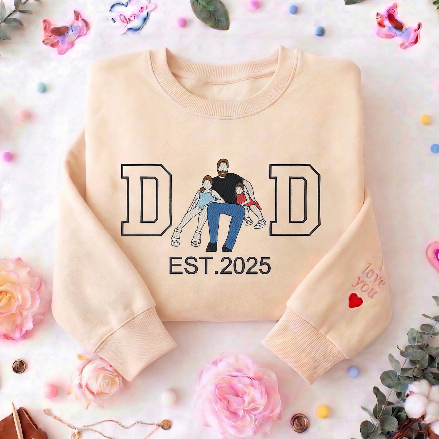 Custom Gift for Dad with Embroidered Papa Wears His Heart on Him Sleeve, Photo Portrait Sweatshirt or Hoodie