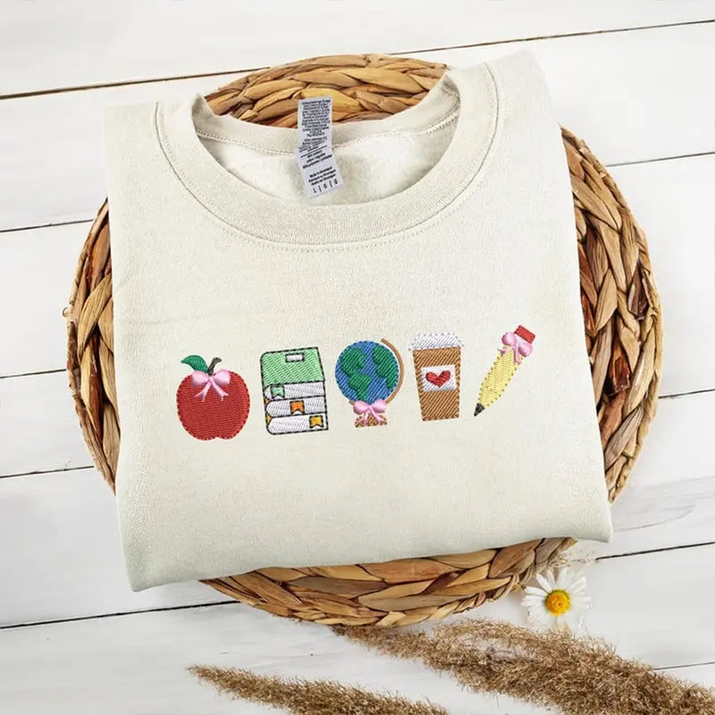 School Icons Teacher Life Embroidered T-shirt/Sweatshirt/Hoodie - Teacher Crewneck, Teachers Day Gift Ideas, Cool Teacher Gift