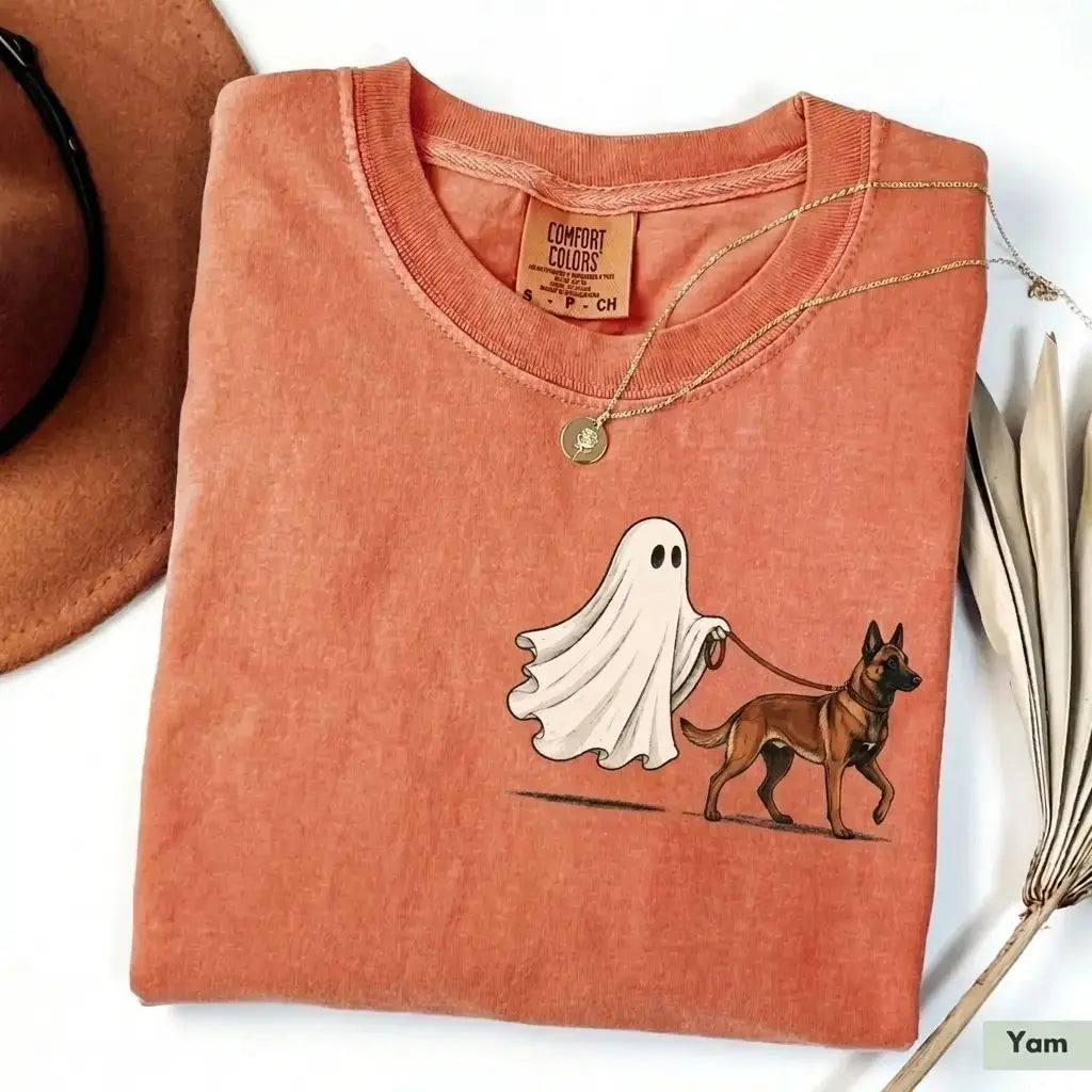 Off to Walk My Dog - Personalized Halloween Pet Shirt, Custom Text & Pet Portrait Ghost Tee for Pet Lovers