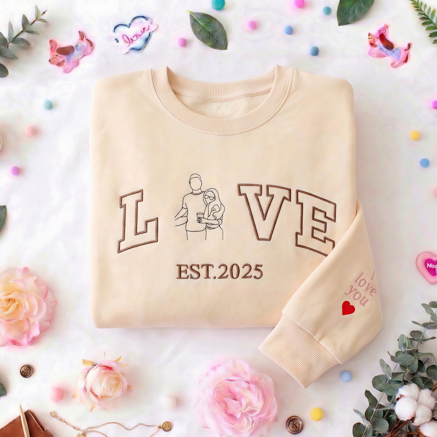 Personalized Embroidered Photo Couple LOVE EST Year Sweatshirt/Hoodie