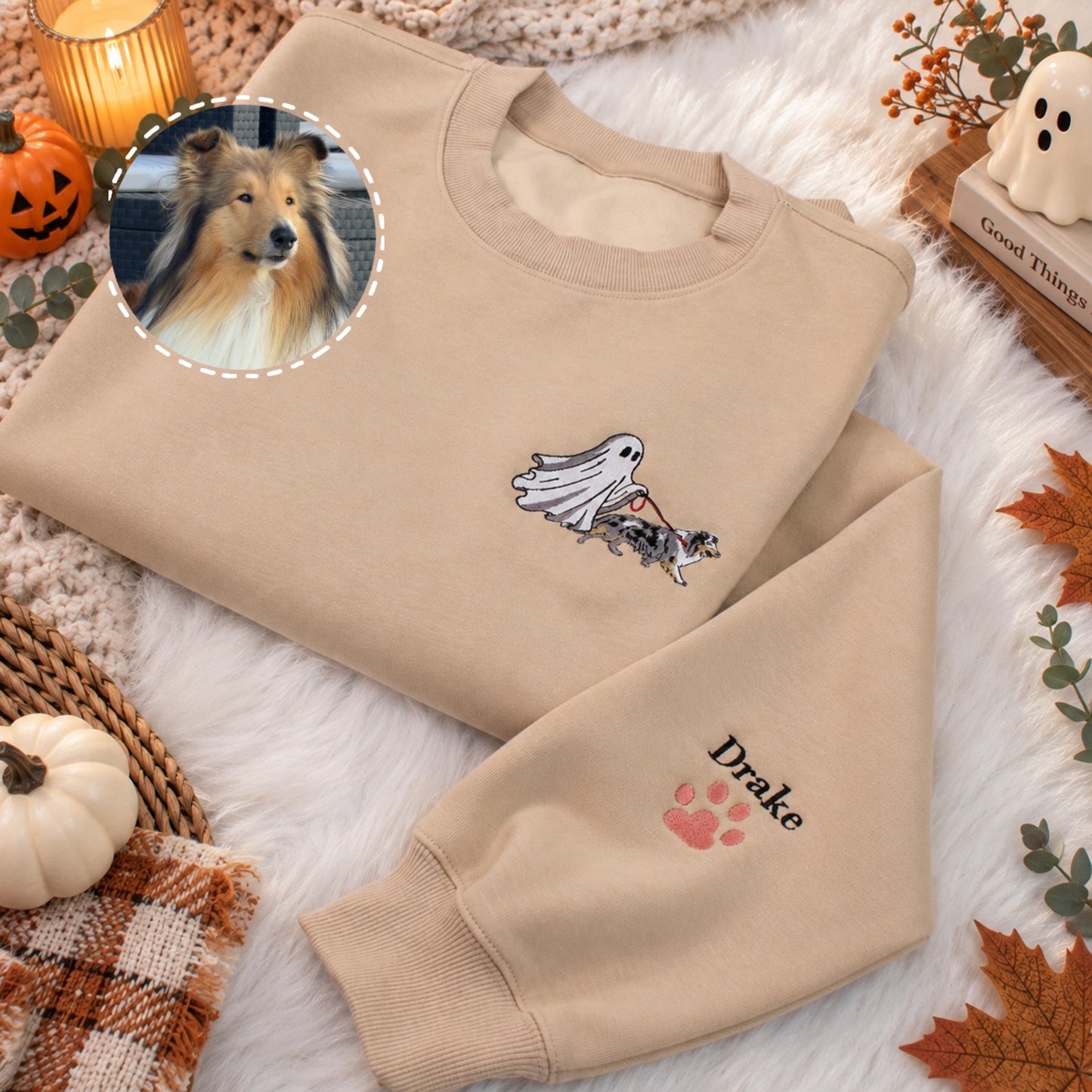 Custom Pet Ghost Walking Embroidered Halloween Shirt, Personalized Pet Photo Comfort Colors Tee, Funny Spooky Pet Lover Gift
