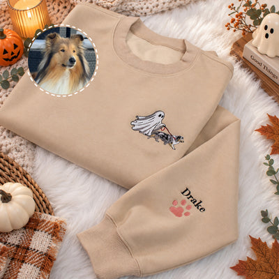 Custom Pet Ghost Walking Embroidered Halloween Shirt, Personalized Pet Photo Comfort Colors Tee, Funny Spooky Pet Lover Gift