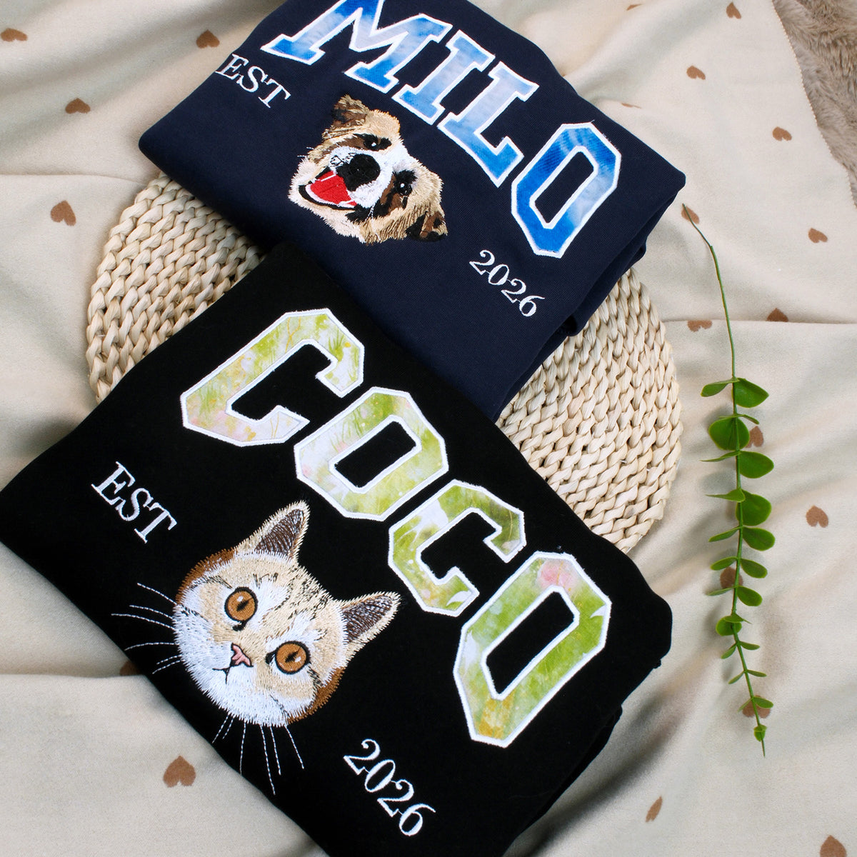 Custom Pet Portrait Embroidered Sweatshirt with Patterned Appliqué Varsity Name