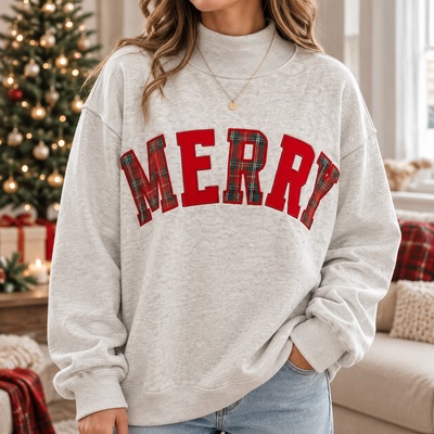 Merry Christmas Plaid Letter Sweatshirt & Hoodie – Red Green Holiday Graphic Mock Neck Pullover, Cozy Oversized Christmas Gift
