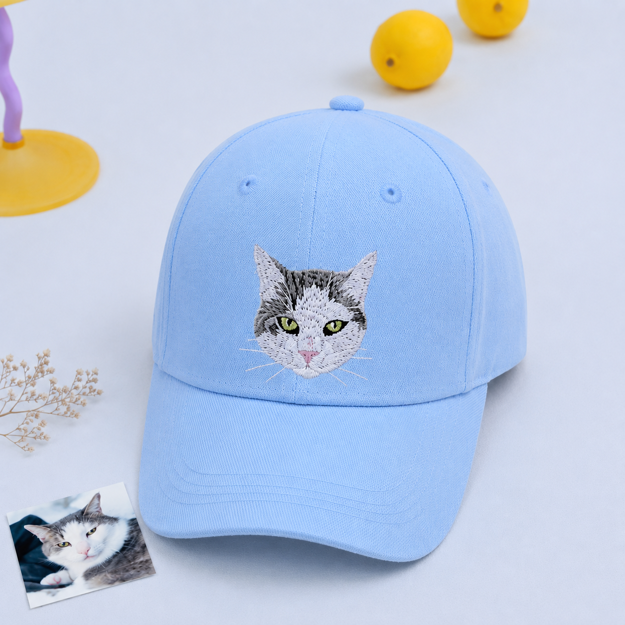 Custom Pet Photo Embroidered Hat with Name, Personalized Dog & Cat Portrait Cap, Pet Lover Gift, Pet Mom Gift, Pet Dad Gift