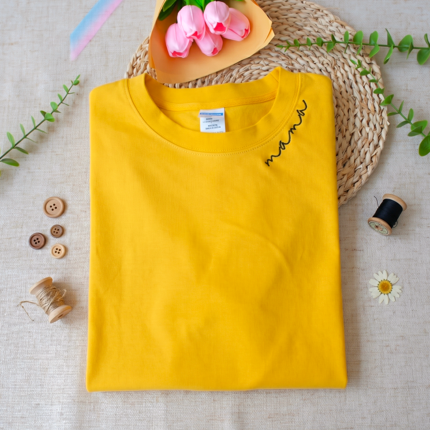 Custom Embroidered Mama Neckline Sweatshirt with Kids Name Sleeve