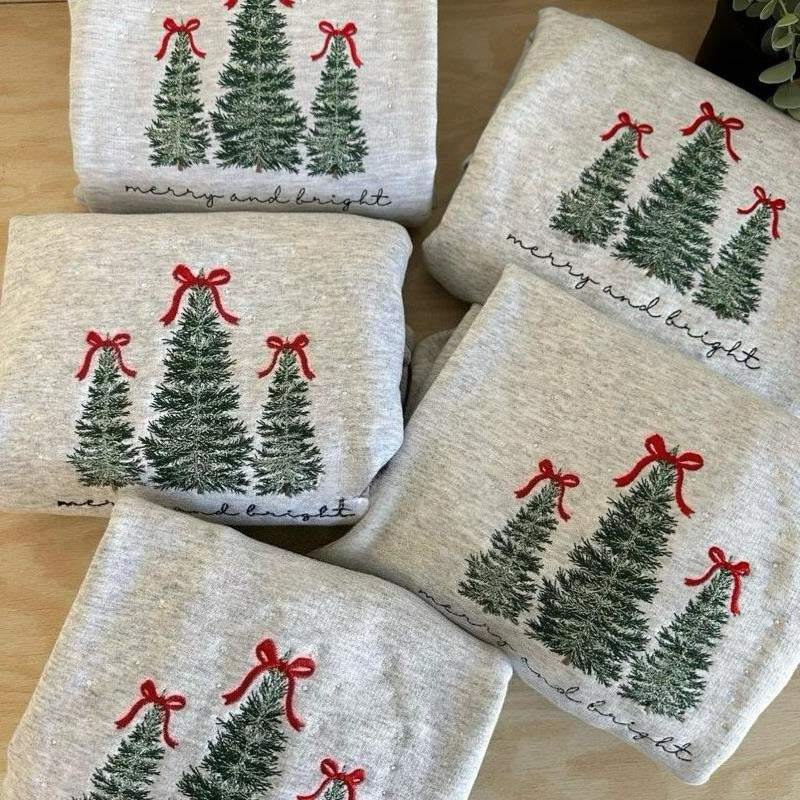 Merry & Bright Christmas Tree Embroidered Sweatshirt Festive Embroidery Pullover Crewneck