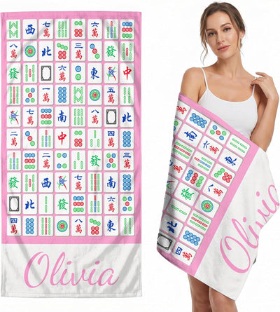 Custom Beach Towel | Personalized Name or Photo | Mahjong Design, Pool, Beach & Vacation Gift