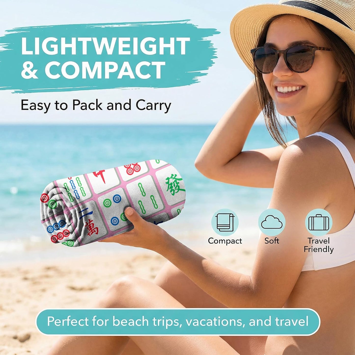 Custom Beach Towel | Personalized Name or Photo | Mahjong Design, Pool, Beach & Vacation Gift