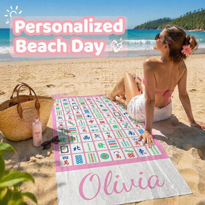 Custom Beach Towel | Personalized Name or Photo | Mahjong Design, Pool, Beach & Vacation Gift