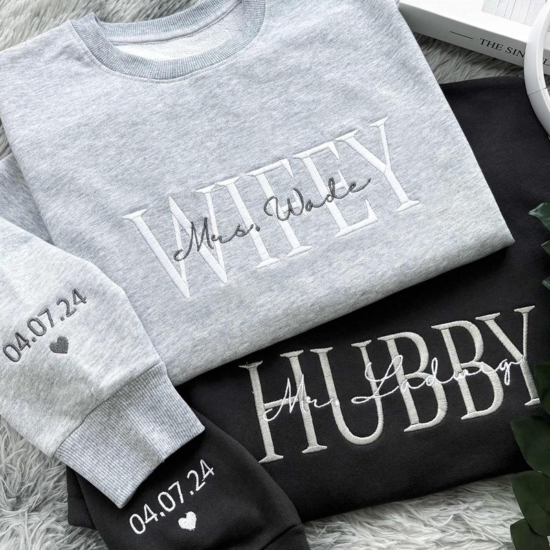 Embroidered Wifey Sweatshirt, Personalized Gift for Wife, Future Mrs., Wedding Gift Bride, Custom date on sleeve, Engagement Gift