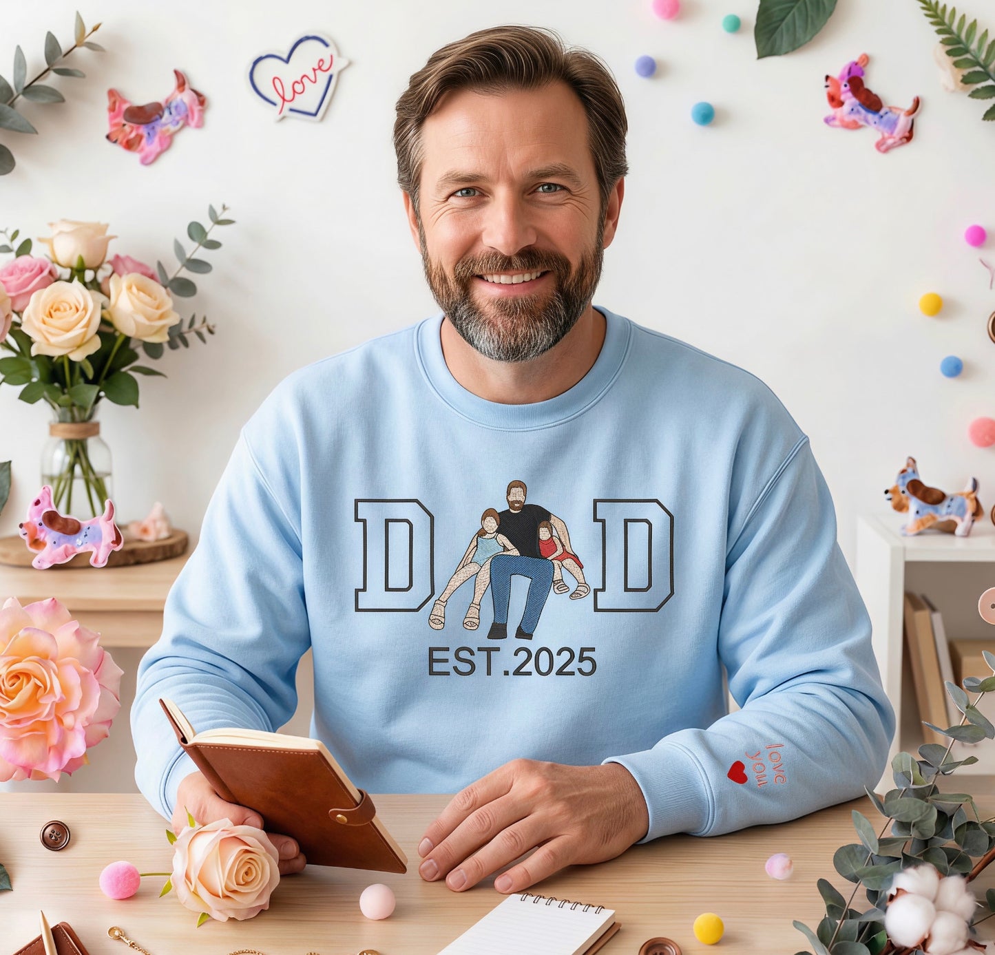 Custom Gift for Dad with Embroidered Papa Wears His Heart on Him Sleeve, Photo Portrait Sweatshirt or Hoodie