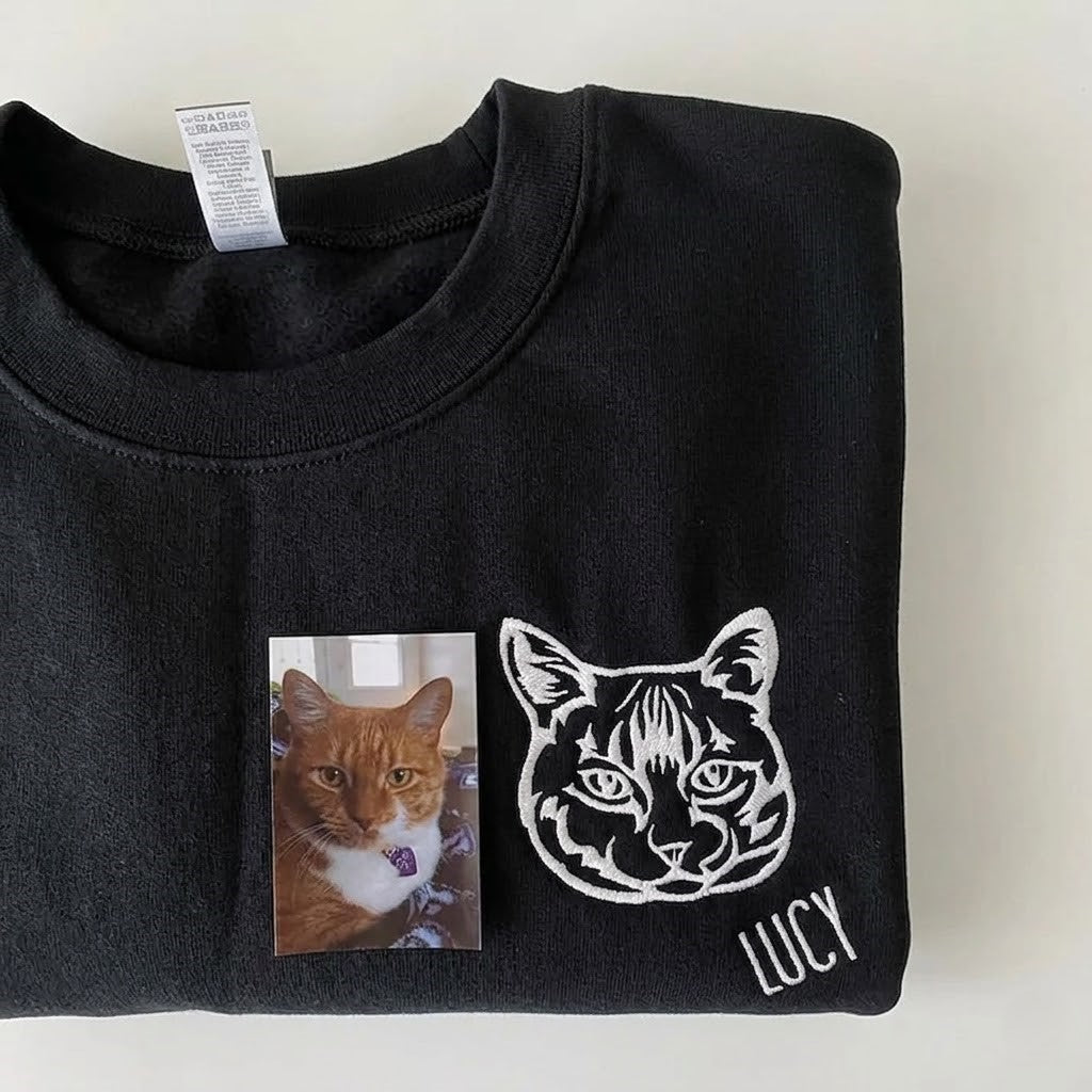 Custom Pet Facial Portrait Embroidered Outline Hoodie Sweatshirt