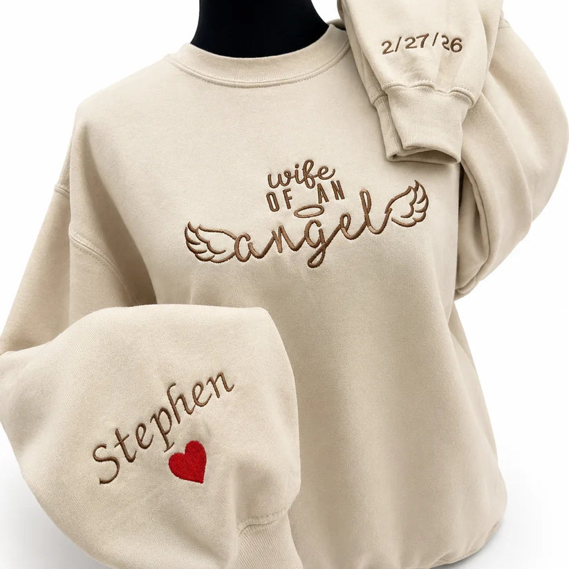 Custom Memorial Embroidered Sweatshirt, Personalized [Relationship] of an Angel Crewneck, Name & Dates on Sleeves, In Loving Memory Gift