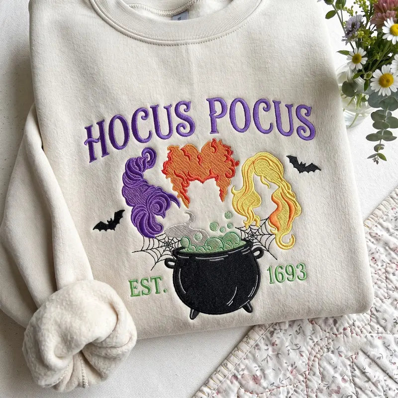 Hocus Pocus Witches Embroidered Sweatshirt – Halloween Witch Cauldron & Spooky Season Crewneck