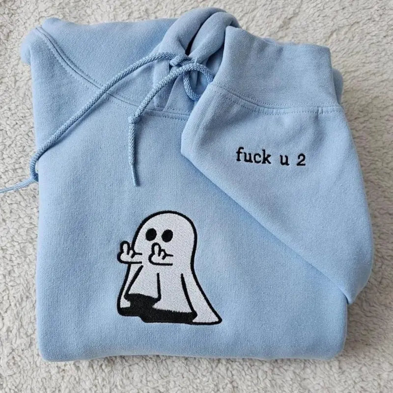 Ghost Middle Finger Embroidered Hoodies, Funny Matching Sweatshirt, Cute Embroidered Ghost Design, Halloween Shirt for Lovers