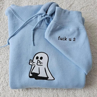 Ghost Middle Finger Embroidered Hoodies, Funny Matching Sweatshirt, Cute Embroidered Ghost Design, Halloween Shirt for Lovers