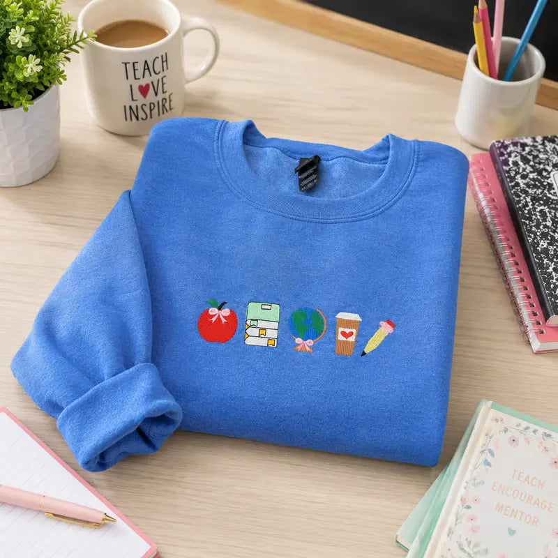 School Icons Teacher Life Embroidered T-shirt/Sweatshirt/Hoodie - Teacher Crewneck, Teachers Day Gift Ideas, Cool Teacher Gift