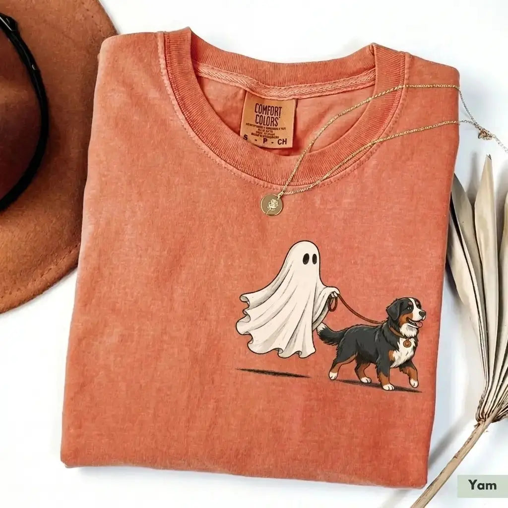 Off to Walk My Dog - Personalized Halloween Pet Shirt, Custom Text & Pet Portrait Ghost Tee for Pet Lovers