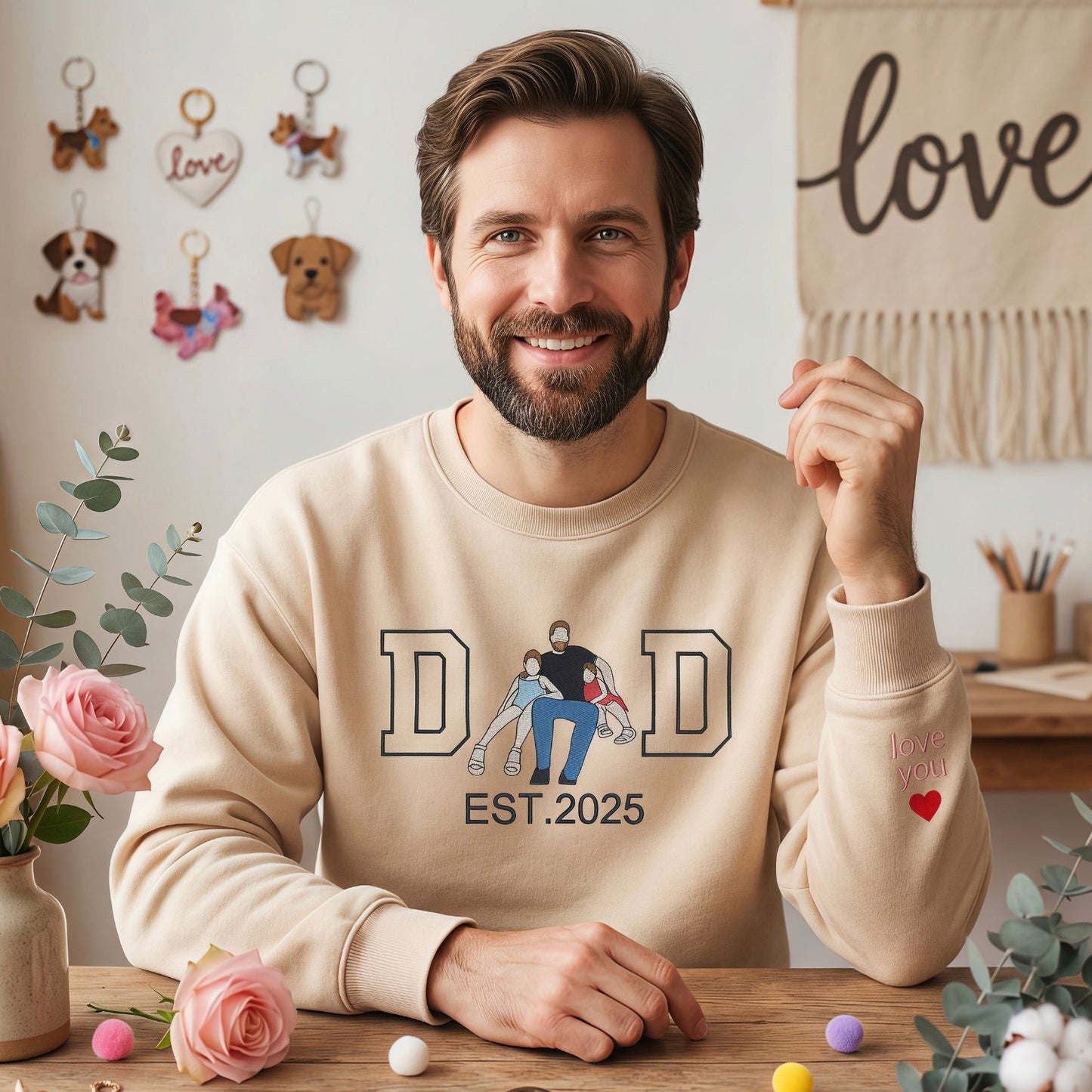 Custom Gift for Dad with Embroidered Papa Wears His Heart on Him Sleeve, Photo Portrait Sweatshirt or Hoodie