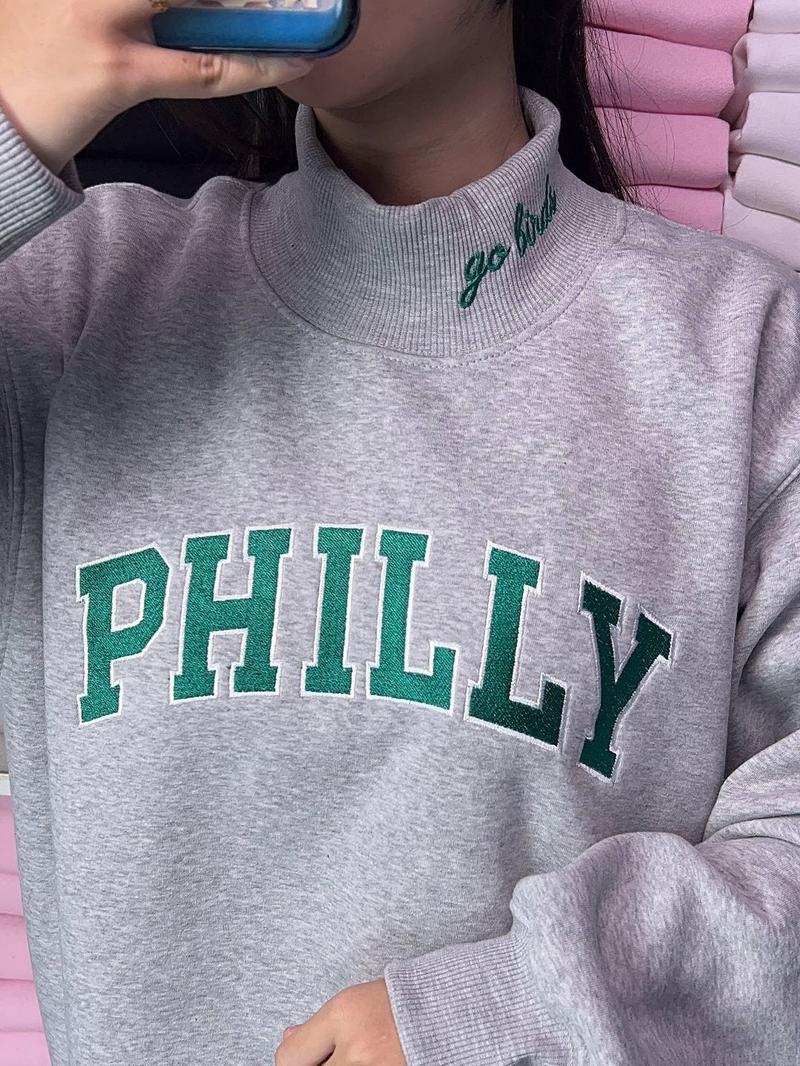 Embroidered Go Birds MockNeck Sweatshirt, Embroidered Game Day Crewneck, Embroidered Mock neck Gift For Her