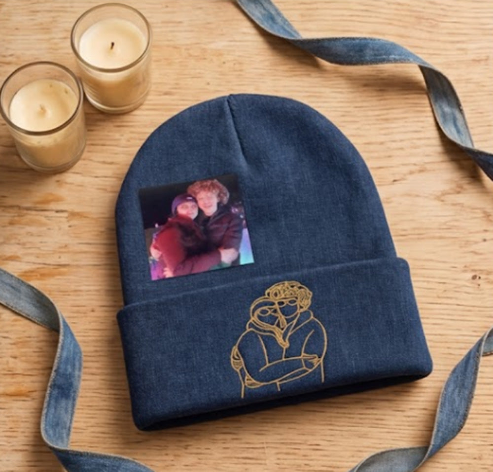 Custom Couple Beanie with Embroidered Portrait from Photo, His and Her Anniversary Gifts