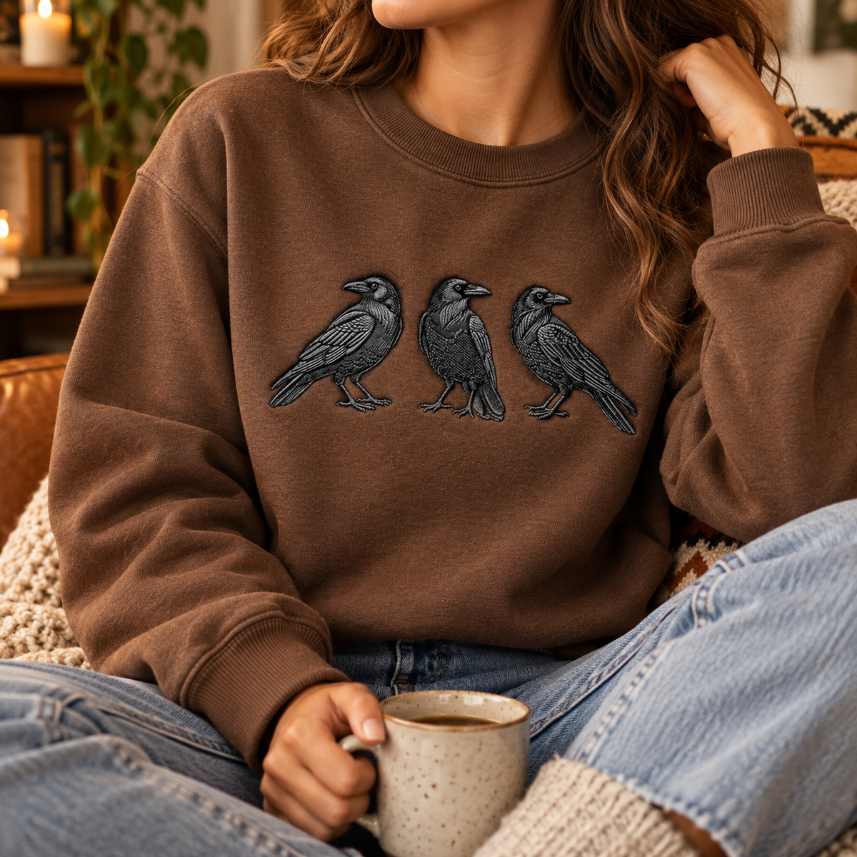 Black Raven Embroidered Sweatshirt & Hoodie – Gothic Crow Graphic Crewneck Pullover, Minimalist Bird Design, Unisex Gift for Raven Lovers, Haloween Shirt