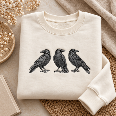 Black Raven Embroidered Sweatshirt & Hoodie – Gothic Crow Graphic Crewneck Pullover, Minimalist Bird Design, Unisex Gift for Raven Lovers, Haloween Shirt