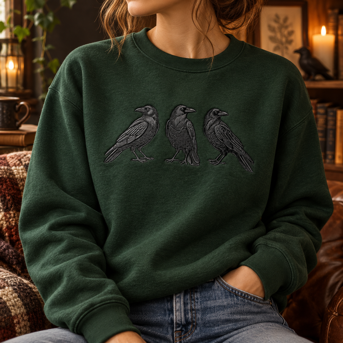 Black Raven Embroidered Sweatshirt & Hoodie – Gothic Crow Graphic Crewneck Pullover, Minimalist Bird Design, Unisex Gift for Raven Lovers, Haloween Shirt