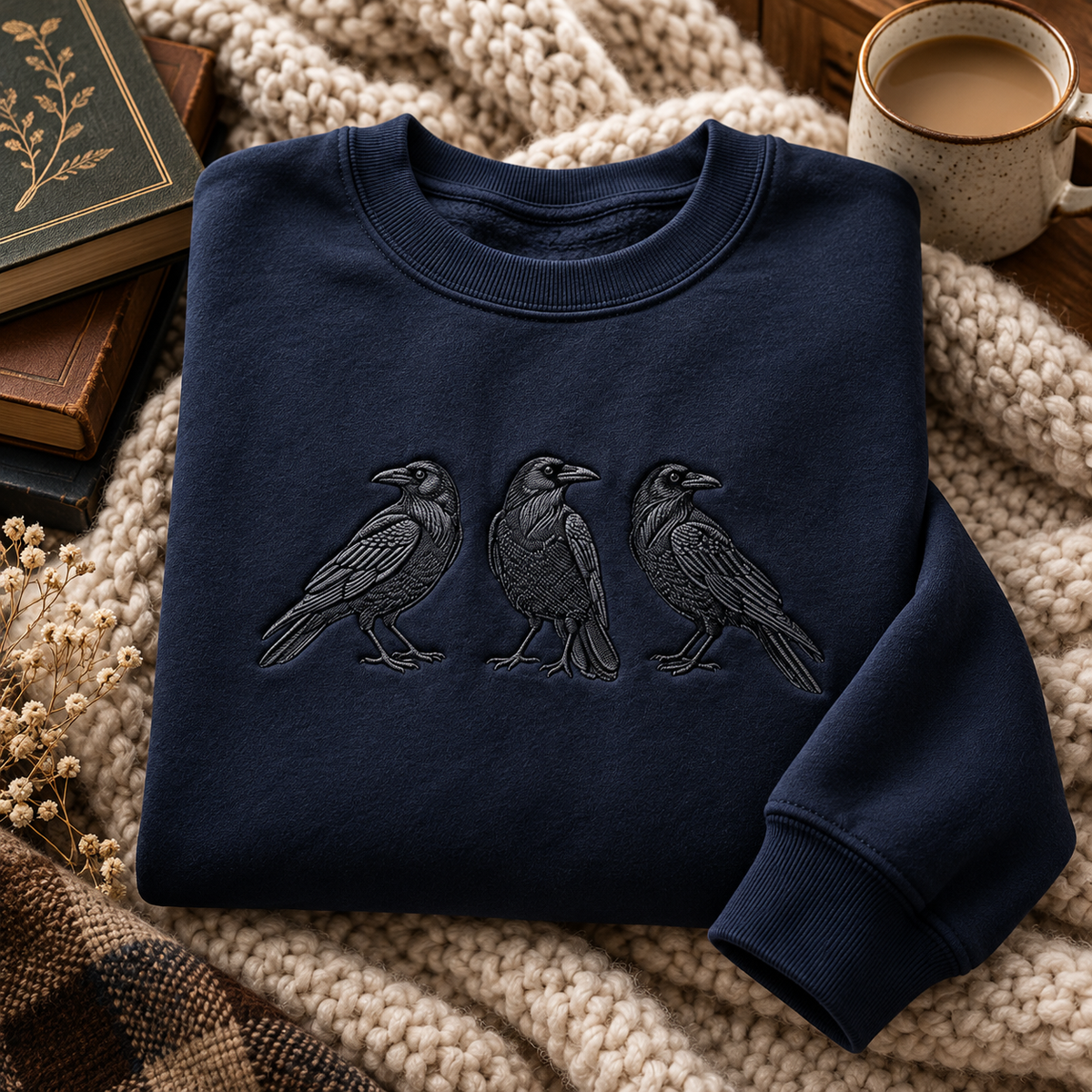 Black Raven Embroidered Sweatshirt & Hoodie – Gothic Crow Graphic Crewneck Pullover, Minimalist Bird Design, Unisex Gift for Raven Lovers, Haloween Shirt