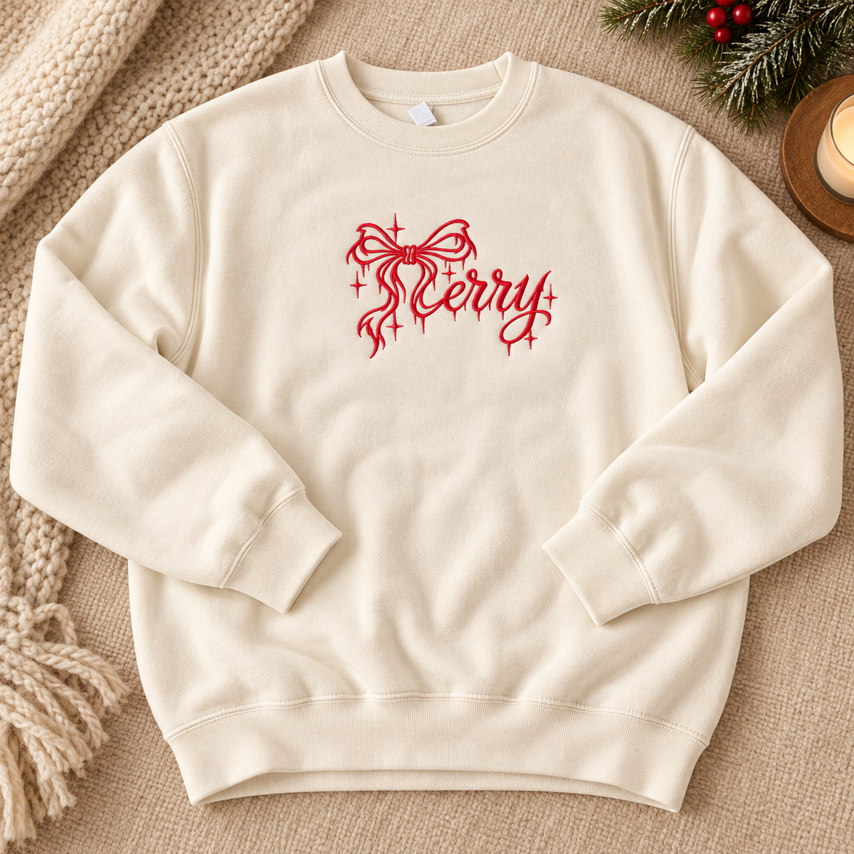Merry Bow Embroidered Christmas Sweatshirt & Hoodie – Cute Holiday Crewneck Pullover, Coquette Christmas Style, Festive Gift for Women