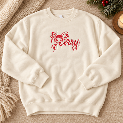 Merry Bow Embroidered Christmas Sweatshirt & Hoodie – Cute Holiday Crewneck Pullover, Coquette Christmas Style, Festive Gift for Women