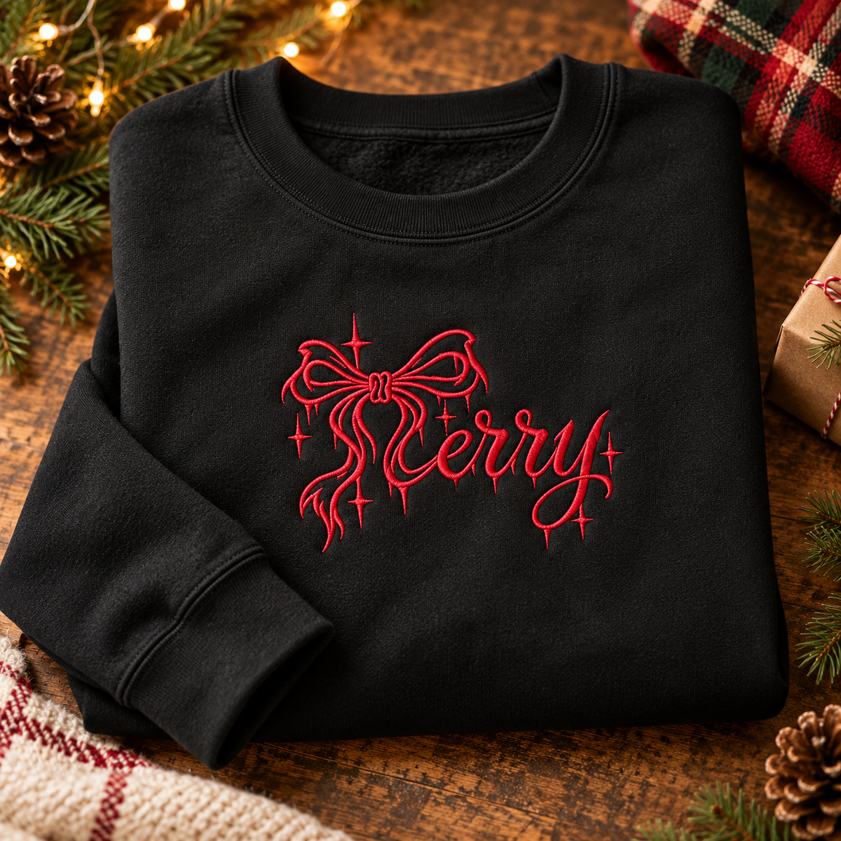 Merry Bow Embroidered Christmas Sweatshirt & Hoodie – Cute Holiday Crewneck Pullover, Coquette Christmas Style, Festive Gift for Women
