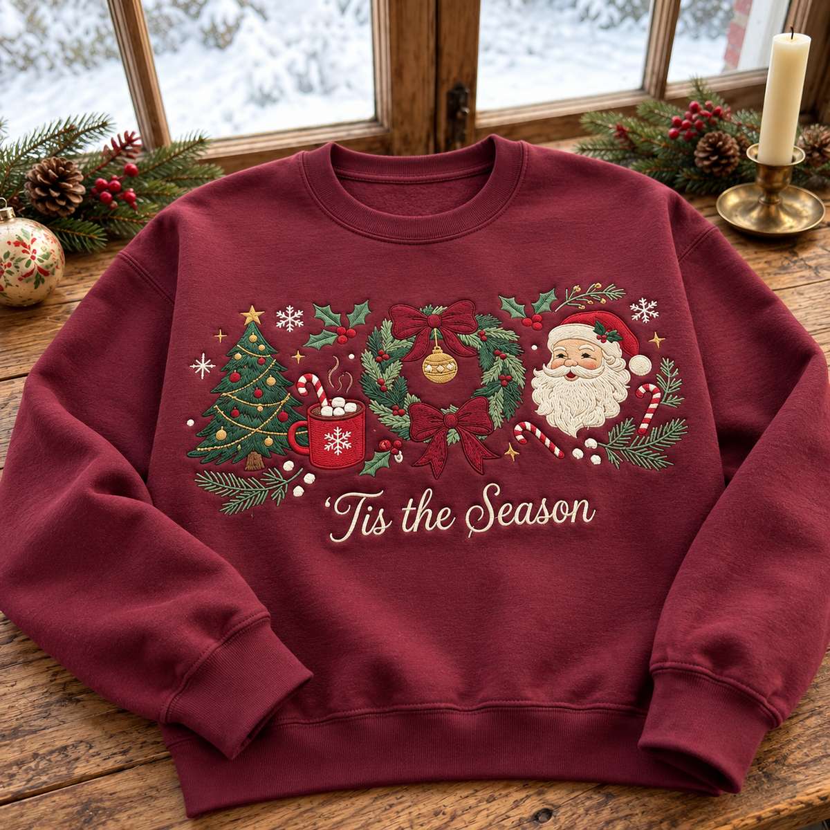 Tis the Season Christmas Sweatshirt & Hoodie – Embroidered Style Santa Claus, Christmas Tree, Wreath & Bow Graphic Crewneck Pullover, Festive Holiday Sweater, Cozy Winter Outfit, Secret Santa Gift for Women