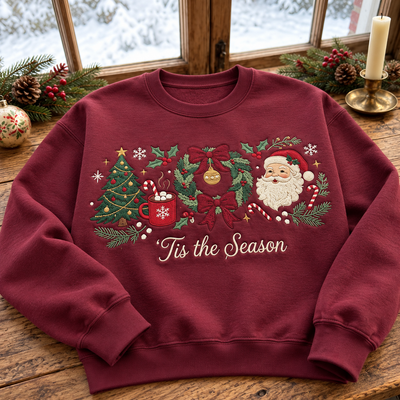 Tis the Season Christmas Sweatshirt & Hoodie – Embroidered Style Santa Claus, Christmas Tree, Wreath & Bow Graphic Crewneck Pullover, Festive Holiday Sweater, Cozy Winter Outfit, Secret Santa Gift for Women
