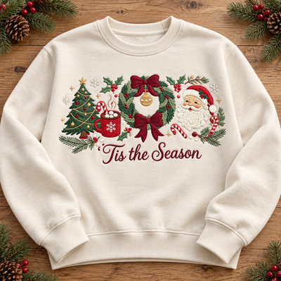 Tis the Season Christmas Sweatshirt & Hoodie – Embroidered Style Santa Claus, Christmas Tree, Wreath & Bow Graphic Crewneck Pullover, Festive Holiday Sweater, Cozy Winter Outfit, Secret Santa Gift for Women
