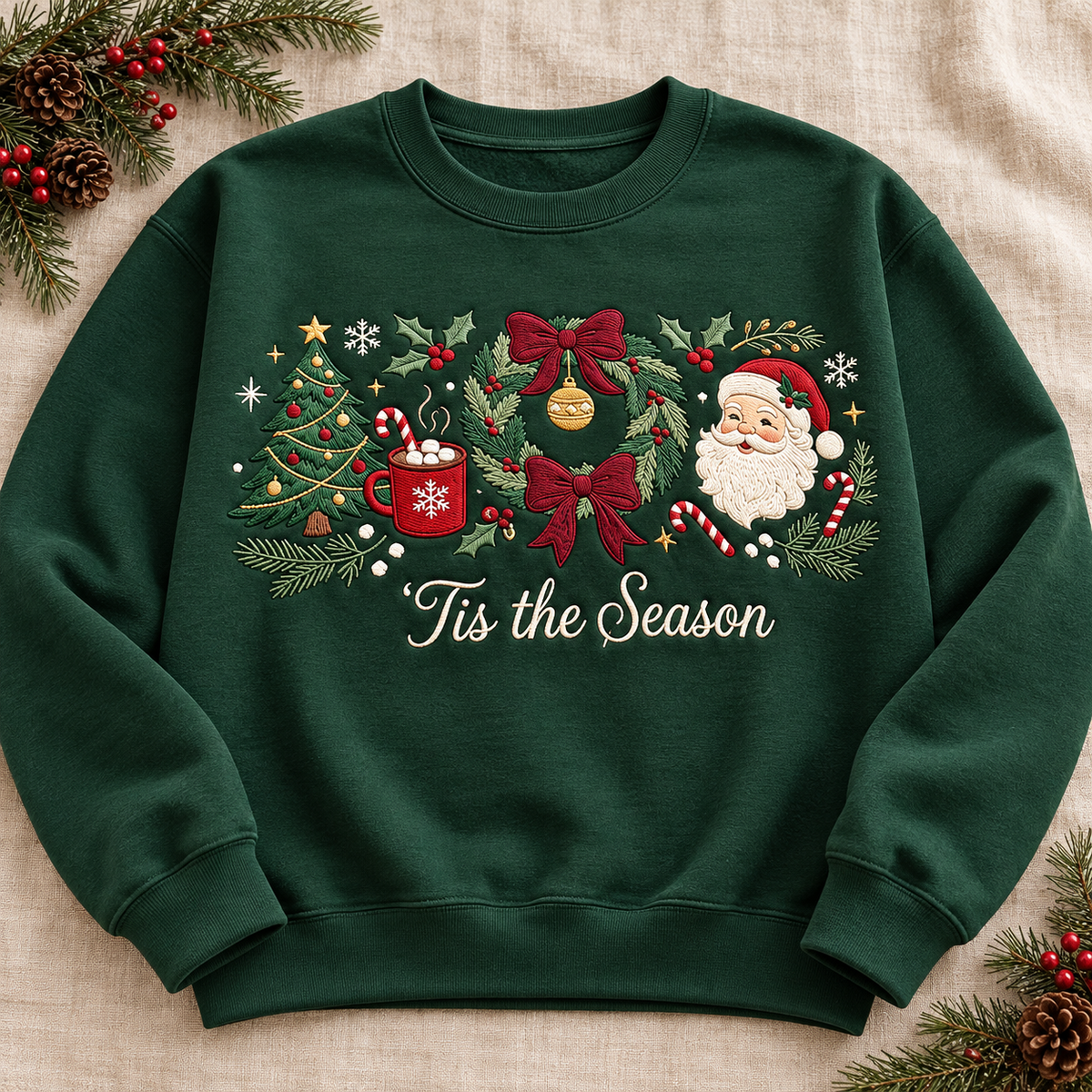Tis the Season Christmas Sweatshirt & Hoodie – Embroidered Style Santa Claus, Christmas Tree, Wreath & Bow Graphic Crewneck Pullover, Festive Holiday Sweater, Cozy Winter Outfit, Secret Santa Gift for Women