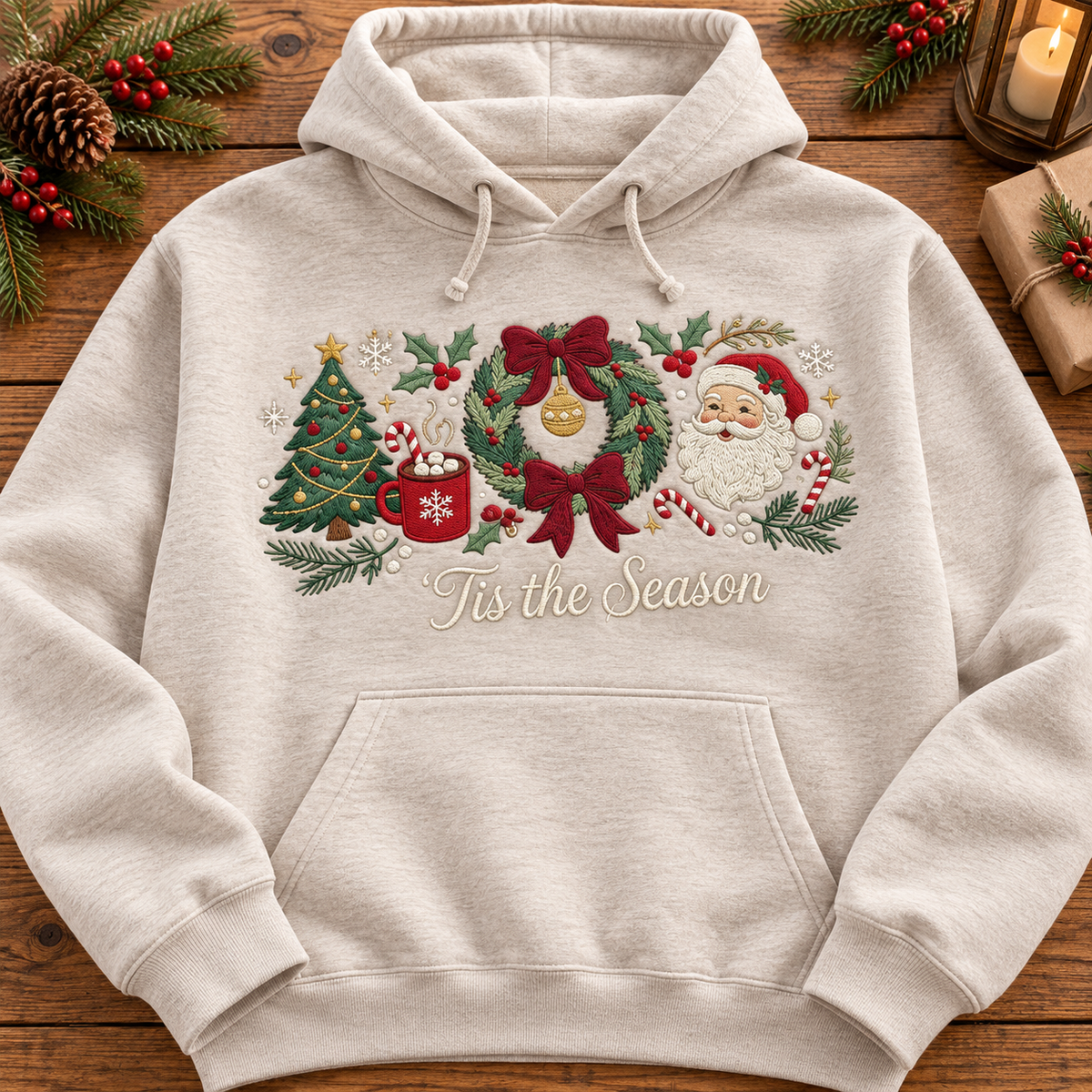 Tis the Season Christmas Sweatshirt & Hoodie – Embroidered Style Santa Claus, Christmas Tree, Wreath & Bow Graphic Crewneck Pullover, Festive Holiday Sweater, Cozy Winter Outfit, Secret Santa Gift for Women