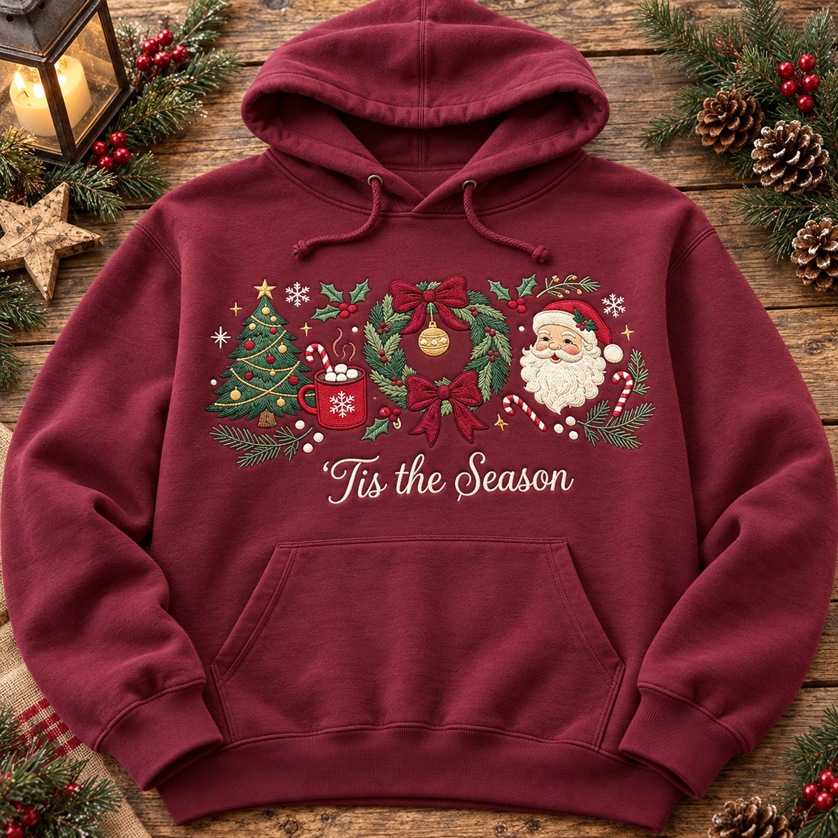 Tis the Season Christmas Sweatshirt & Hoodie – Embroidered Style Santa Claus, Christmas Tree, Wreath & Bow Graphic Crewneck Pullover, Festive Holiday Sweater, Cozy Winter Outfit, Secret Santa Gift for Women