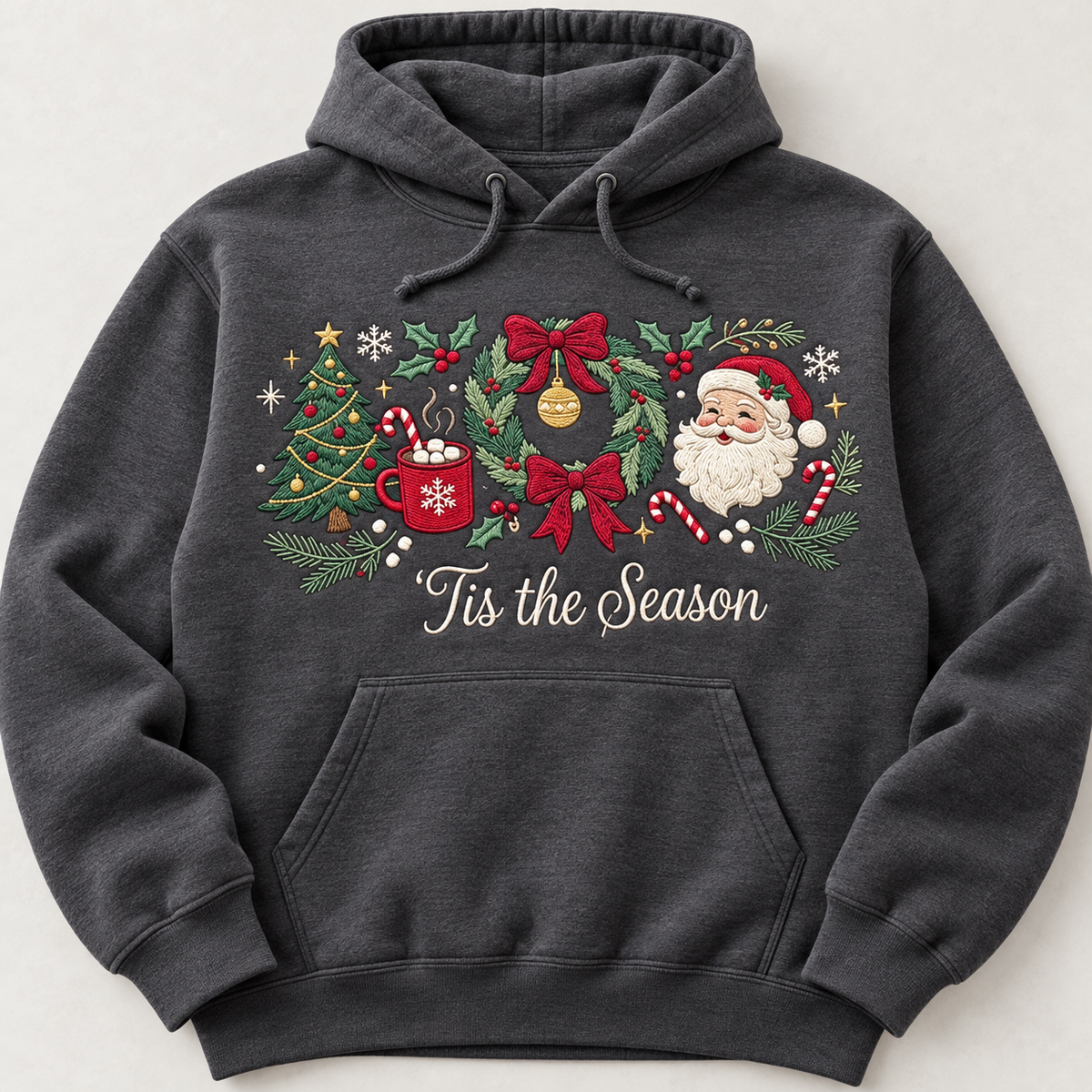 Tis the Season Christmas Sweatshirt & Hoodie – Embroidered Style Santa Claus, Christmas Tree, Wreath & Bow Graphic Crewneck Pullover, Festive Holiday Sweater, Cozy Winter Outfit, Secret Santa Gift for Women