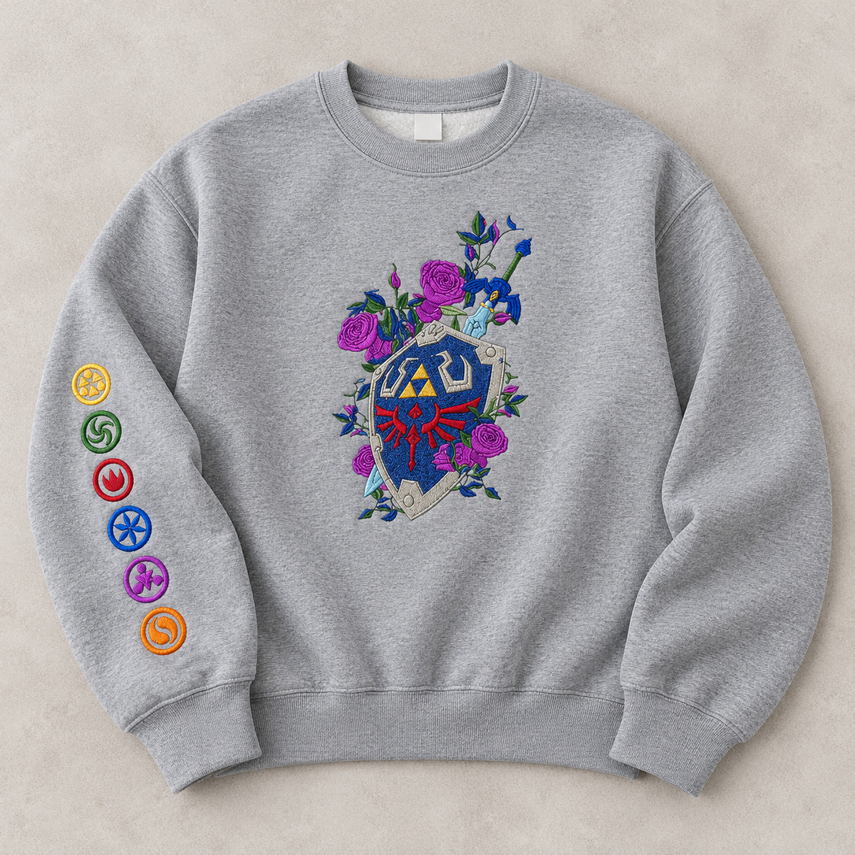 Floral Master Sword & Shield Embroidered Sweatshirt, Zelda Inspired Gamer Hoodie, Fantasy Video Game Apparel.