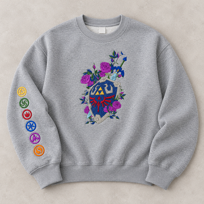 Floral Master Sword & Shield Embroidered Sweatshirt, Zelda Inspired Gamer Hoodie, Fantasy Video Game Apparel.