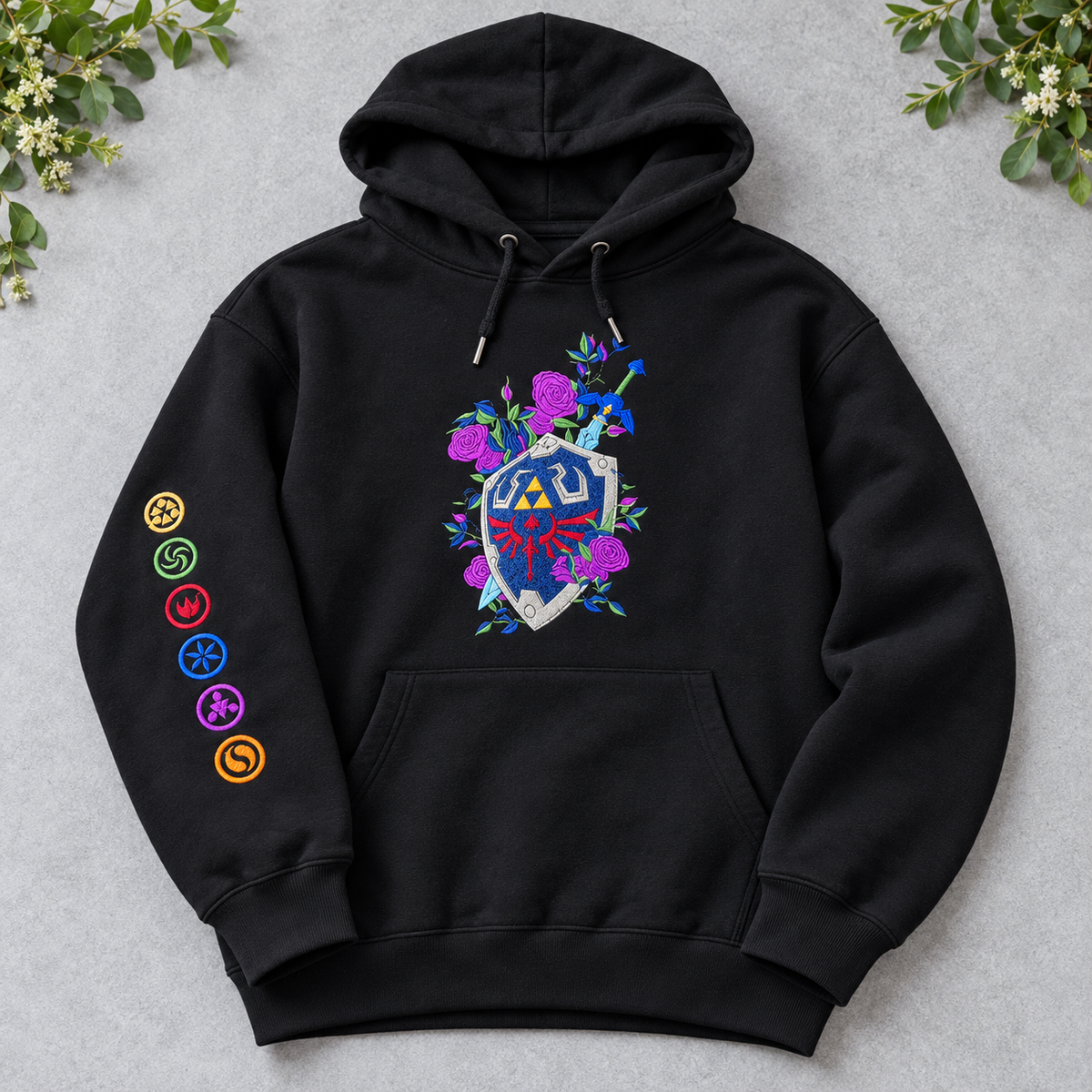 Floral Master Sword & Shield Embroidered Sweatshirt, Zelda Inspired Gamer Hoodie, Fantasy Video Game Apparel.