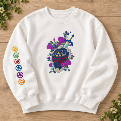 Floral Master Sword & Shield Embroidered Sweatshirt, Zelda Inspired Gamer Hoodie, Fantasy Video Game Apparel.